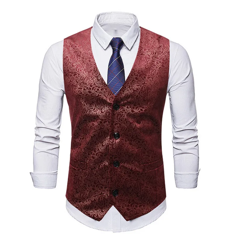 

Mens Red Paisley Vest Chalecos Para Hombre 2020 Brand Slim Fit Business Formal Dress Vest Waistcoat Men Party Wedding Groom Vest