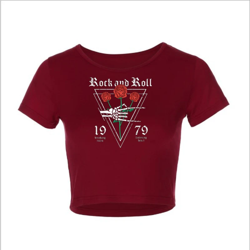 

short-sleeve Women T-shirt top Summer Cotton Roses and Skulls 1979 printing O-neck Crop Tops Applique Tees Clothing
