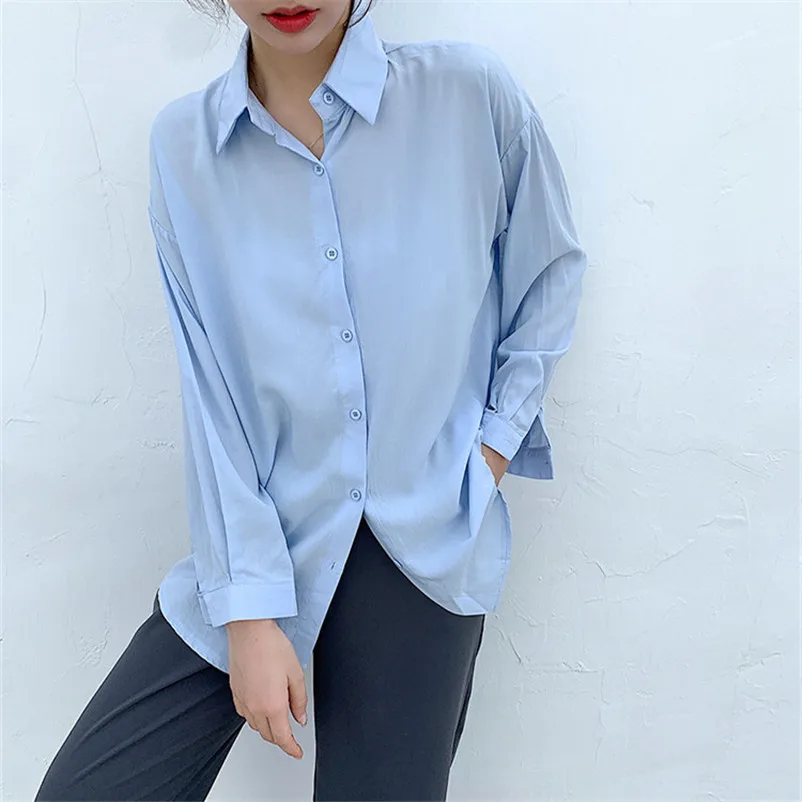 

Women Blue Solid Basic Blouses OF7562 Shirt 2021 Spring Autumn Long Sleeve Shirt Female Chiffon Women's Slim Clothing Tops