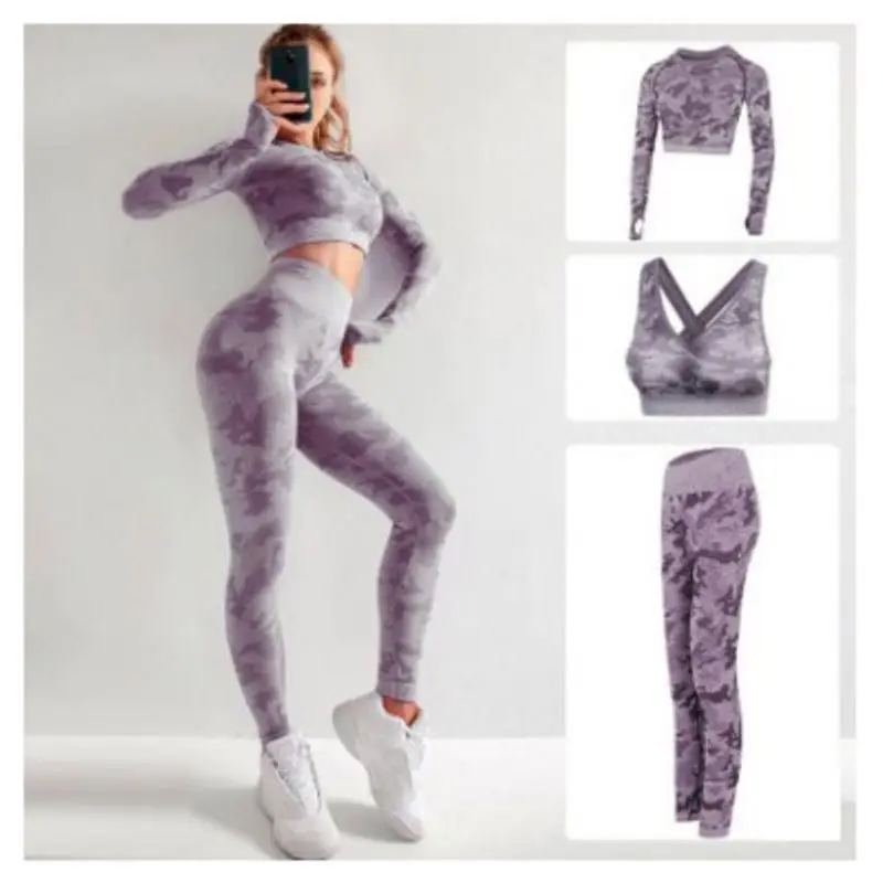 

Women Yoga Suits Pilates Fitness Three-piece Hollow Out T-shirt High Waist Pants Camouflage Sports Bra Stretch Tight Breathable