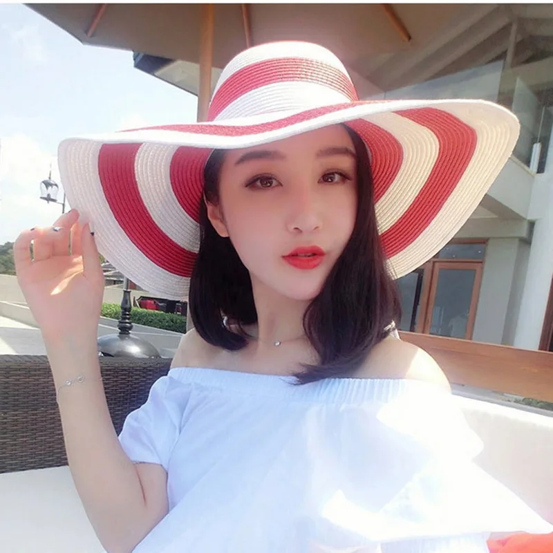 Striped Straw Hat Women's Beachwear Sun Big Brim Fashion Black White Women Beach 2018 New | Аксессуары для одежды