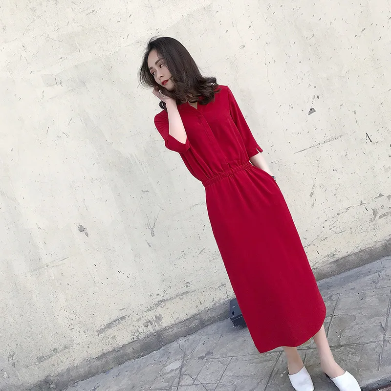

Hot Selling 2020 Autumn and Summer Korean-style Solid Color Slit Skirt Waist Hugging Slimming Dress Women's