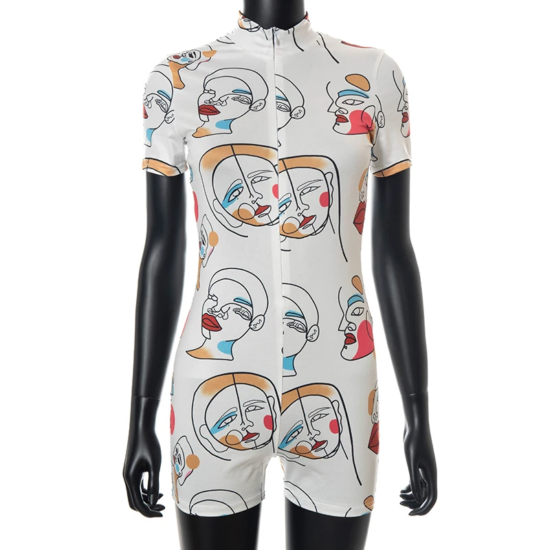 

Cutenove Casual Romper Summer Female 2021 Printed Patchwork Zipper Short Sleeve Romper Women Streetwears