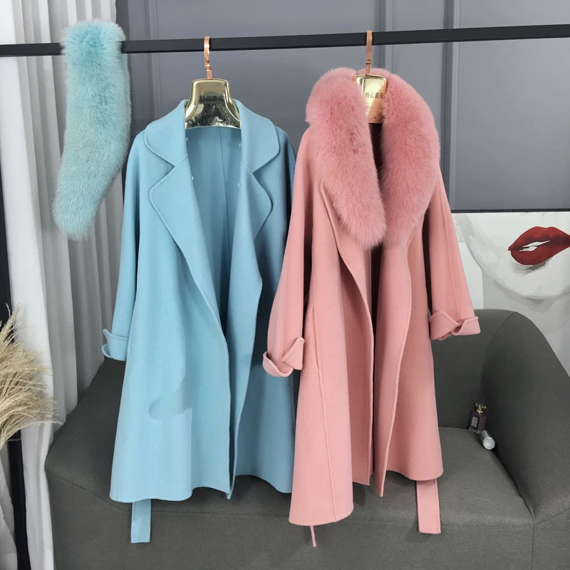 Шуба кашемировая Женская двусторонняя с натуральным мехом лисы поясом длинная