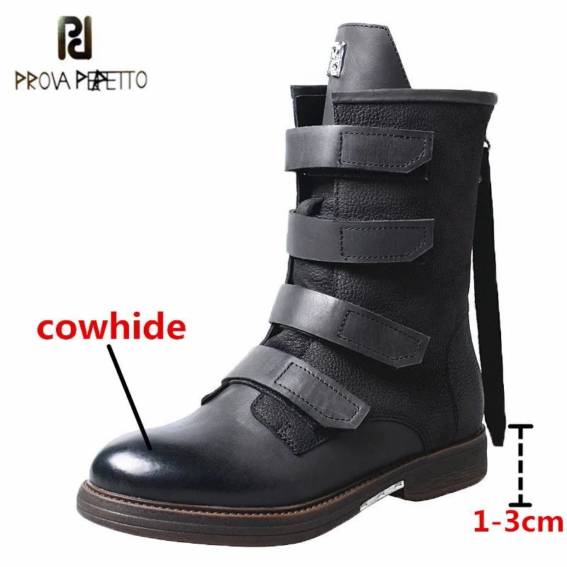 

Prova Perfetto Women Mid-Calf Boots Buckle Strap Round Toe Flat Shoes For Woman Fashion Genuine Leather Zipper-Sid Ladies Boots