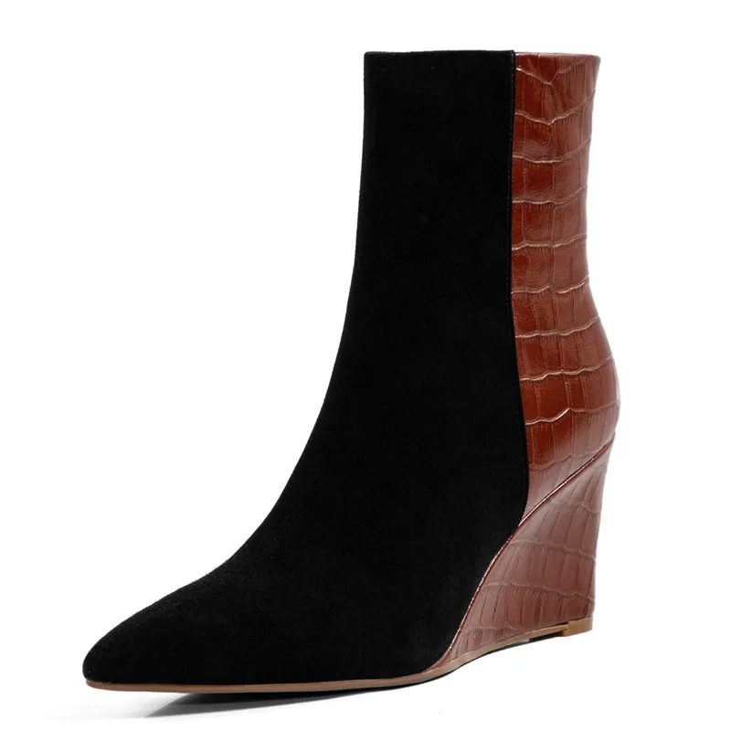 

New Fashion Pointed Ankle Boots Spring Fall Kid Sudue Women Shoes Wedges Mixed-Color Leather Ladies Booties Botines Mujer