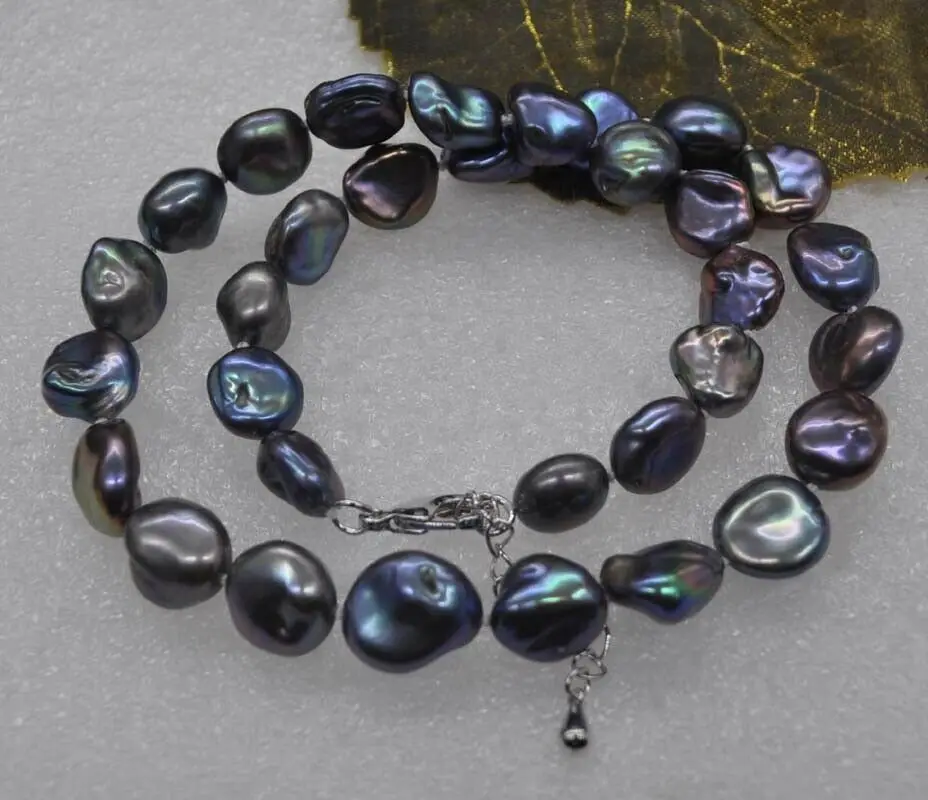 

Beautiful! peacock black 12*13mm baroque Keshi Pearl Necklace