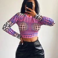women personalized polka dots t shirts slim cotton long sleeve short tee top female fashion printed tight crop top street wear