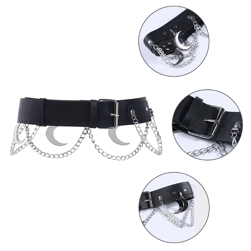 

649D Women's Body Chain Belt Leather Gothic Punk Waist Belt with Metal Chain for Women Outing Clothing Accessories