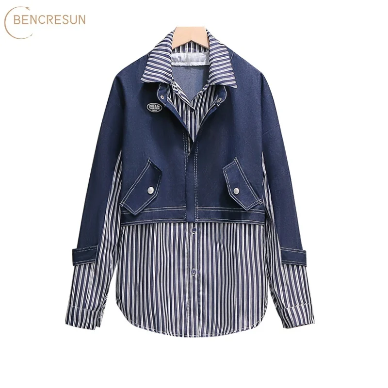 

Женская Осенняя Джинсовая блузка в полоску средней длины с длинным рукавом