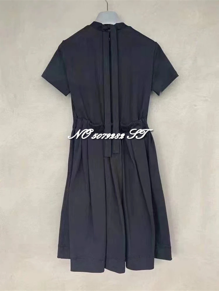 

High Quality Cotton Mid-Calf Black Dress for Women Summer Elegant White Dress O-neck High Waist A-line Short Sleeve Dresses