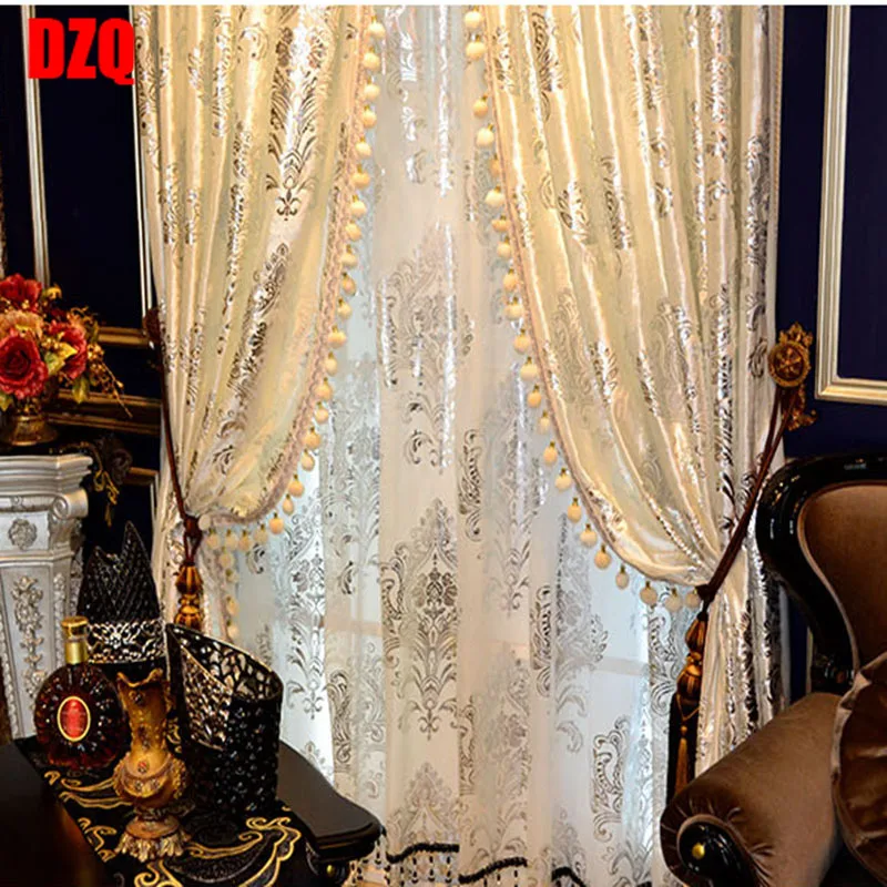 

European and American Villa Curtain for Living Room Bedroom White Hot Silver Pattern Tassel Hair Ball Lace Curtains