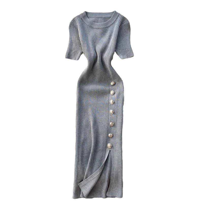 

Solid Knitted Women Dresses 2021 New O-Neck Short-Sleeved Button Sexy Knee-Length Lady Dresses Top Quality