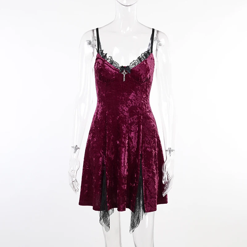 

Gothblack Vintage Suede Slim Mini Dresses Women Gothic Sexy Low Cut Splice Lace Grunge Dress Summer Mall Elegant Casual Dress