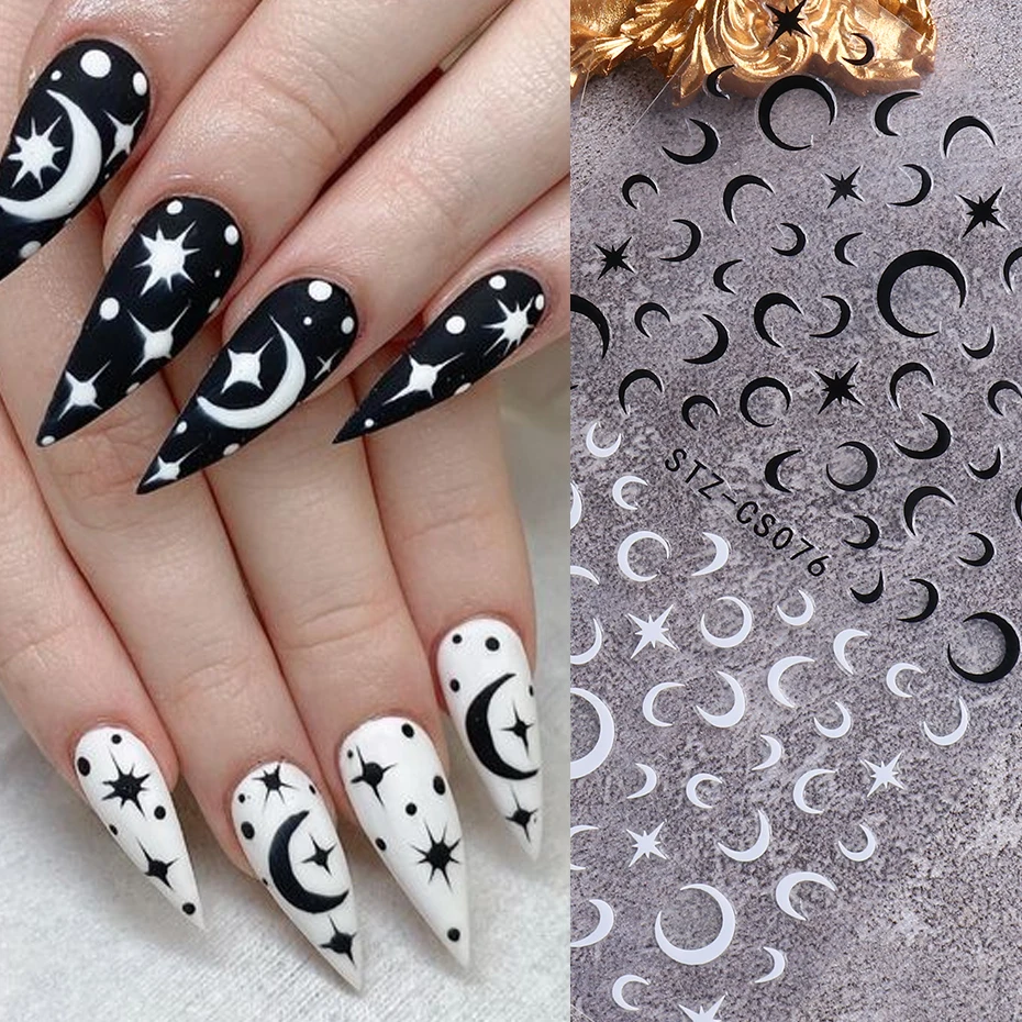 Черно-белые наклейки Star 3D Nail Art Sliders Французский дизайн ногтей Moon Fire Smiling Checkerboard Image