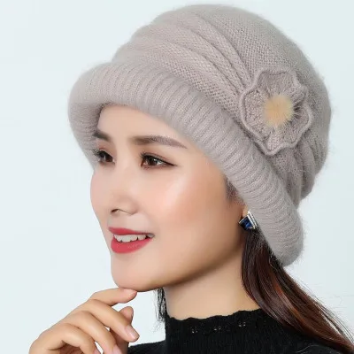 Leather pink SUOGRY Hat Beanie Женская осенне-зимняя теплая шапка Лыжная шапочка Женская лыжная вязаная шапка полосатый капот Femme меховая женская шапка - Цвет: Leather pink