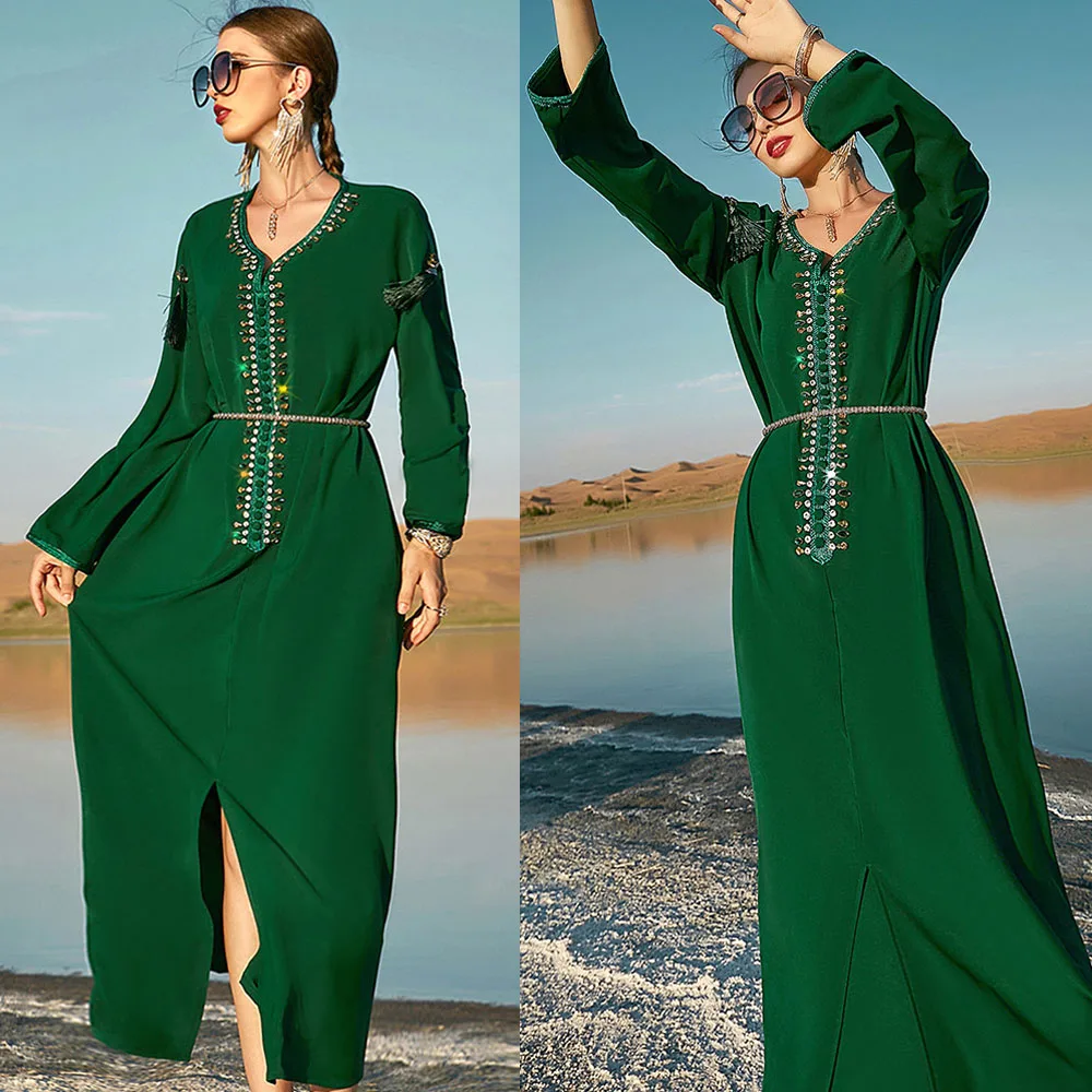 

Elegant Dubai Luxury Rhinestone Women Muslim Long Dress Ramadan Party Evening Maxi Robe Islamic Arabic Abaya Middle East Fashion