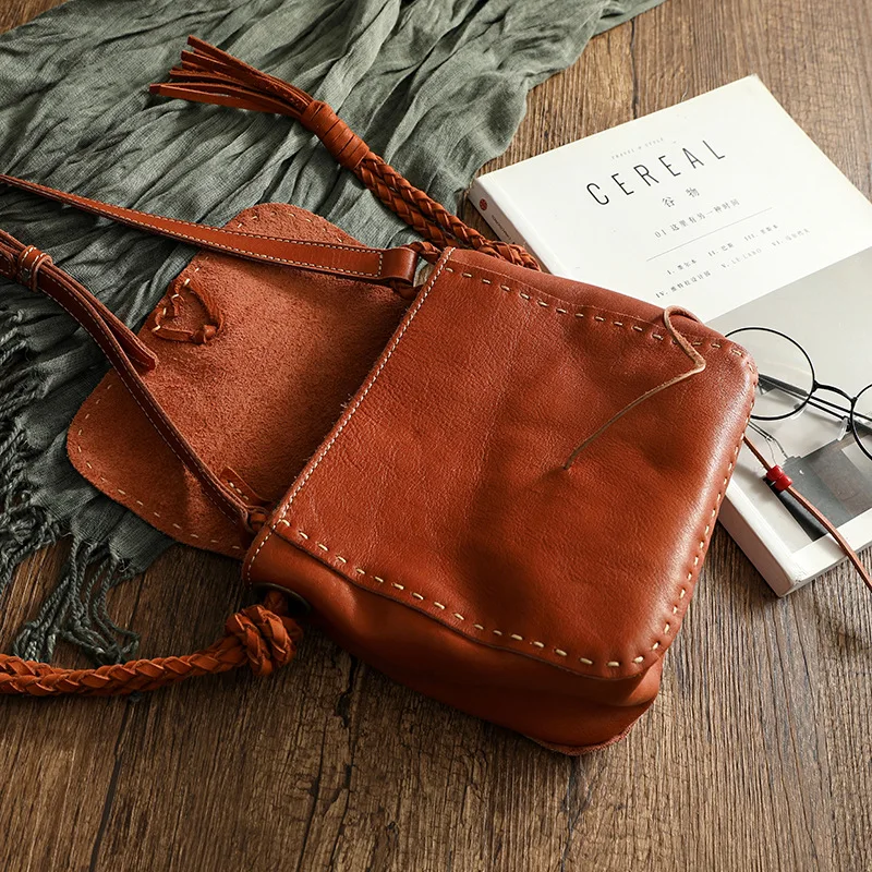 

YourSeason Female Nature Cowhide Hand Woven Bag 2021 Retro Genuine Leather Woman Tassel Shoulder Crossbody Bags Solid Color