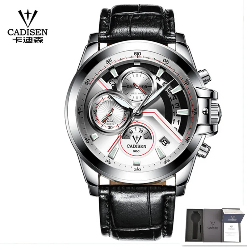 leather white box CADISEN, мужские часы, Топ бренд, Роскошные, военные, армейские, спортивные, повседневные, водонепроницаемые, мужские часы, кварцевые, нержавеющая сталь, наручные часы - Цвет: leather white box