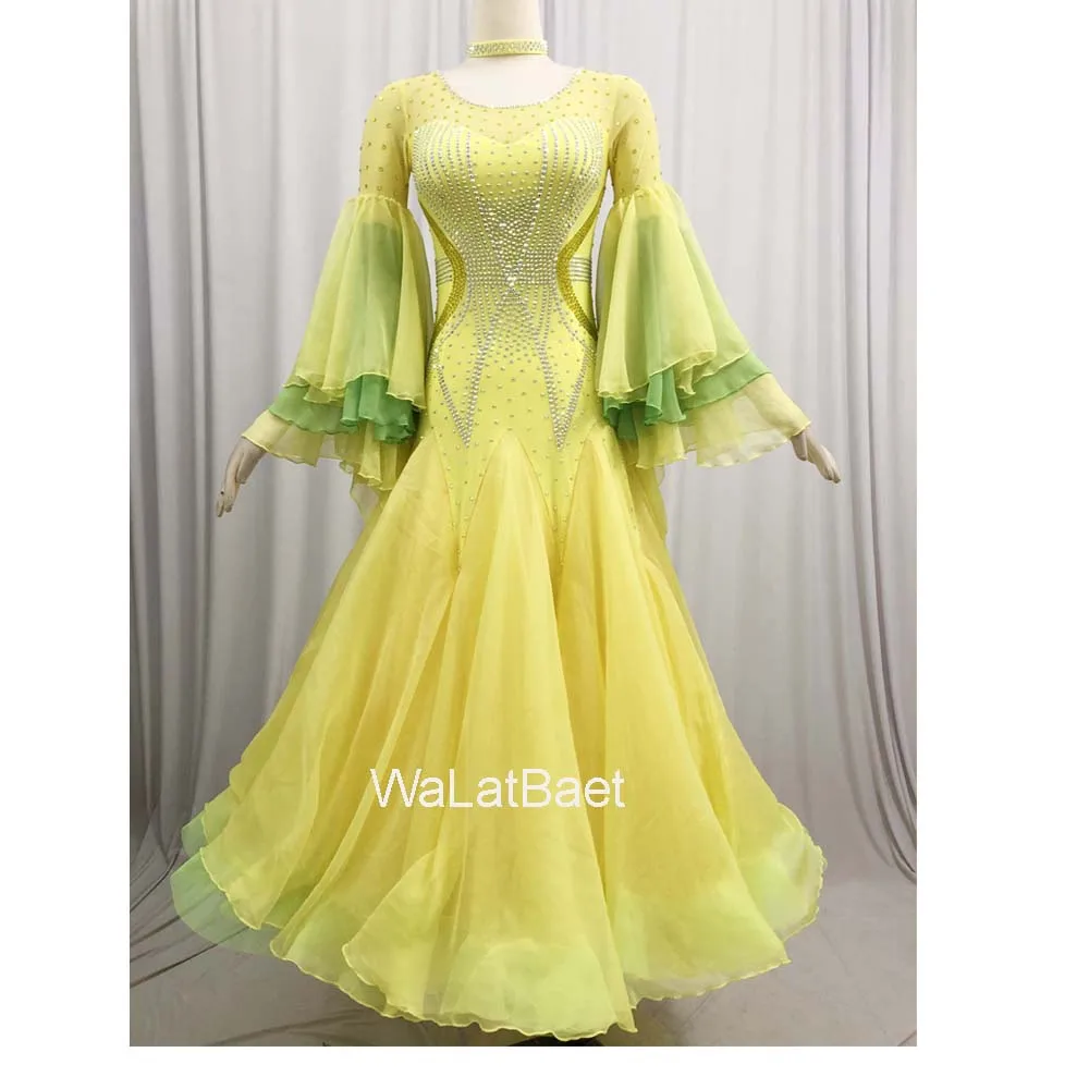 

Ballroom Dance Dress For Girls Ballrom Dancing Wear Ballroom Dance Clothing Trumpet Sleeves Stage Costumes Yellow Color