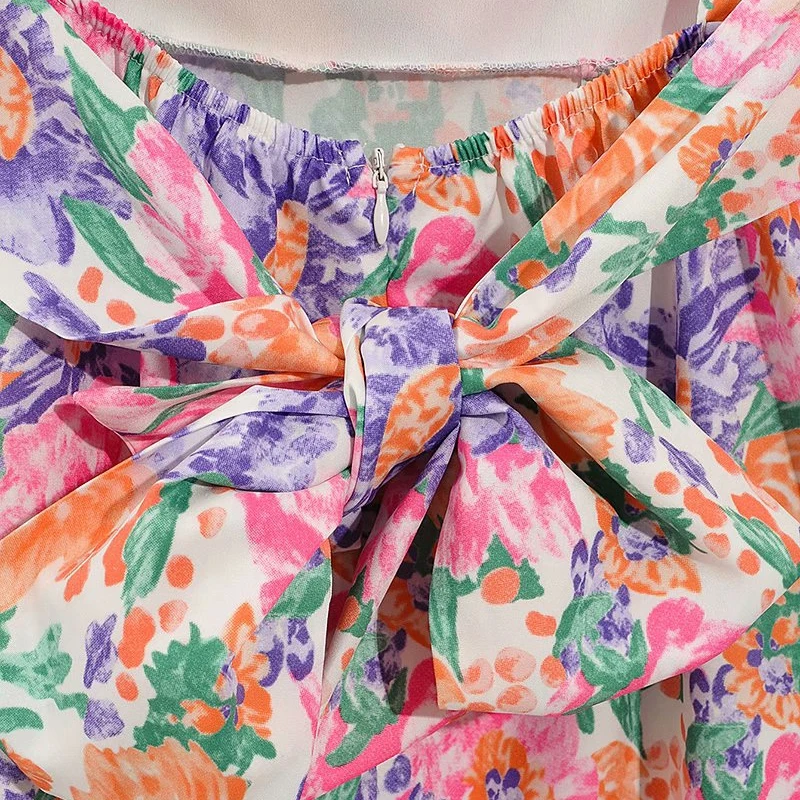 

Sukibandra Summer Short Puff Sleeve Ruffle Floral Dress for Women Vintage Short Mini Sexy Backless Bow Tie Dresses Korean Dress