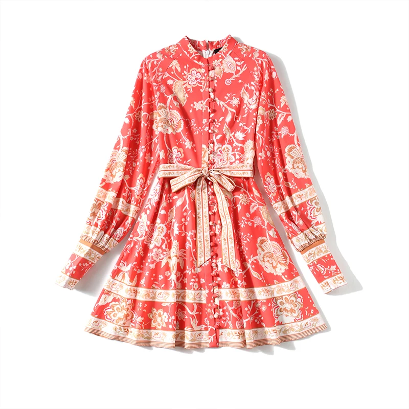 

COIGARSAM Vintage Women dress New Spring Winter Dresses Orange 8828