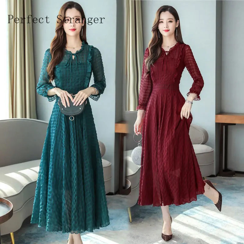 Женское шифоновое платье с оборками длинное длинным рукавом весна-лето 2021 |