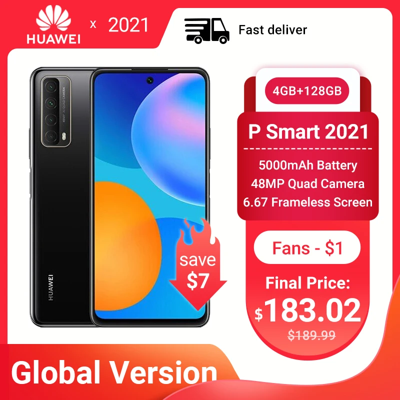 Перейти на Алиэкспресс и купить Huawei P Smart 2021 глобальная версия смартфон 4 Гб 128 NFC 48MP Quad Camera 5000 мАч батарея 6,67 безрамочный экран мобильных телефонов