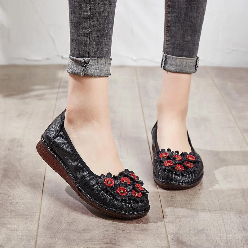 

Shoes Woman Flats Casual Female Sneakers Round Toe Genuine Leather Shallow Mouth Dress Grandma Summer Moccasins New Spring PU Le