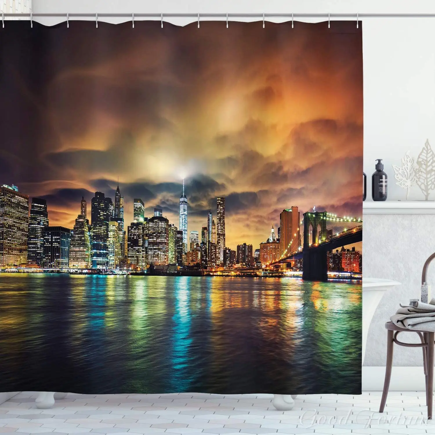 

Nyc Shower Curtain View Of Manhattan At Sunset With Dramatic Sky Clouds Dark Architecture Evening Picture Bathroom Decor