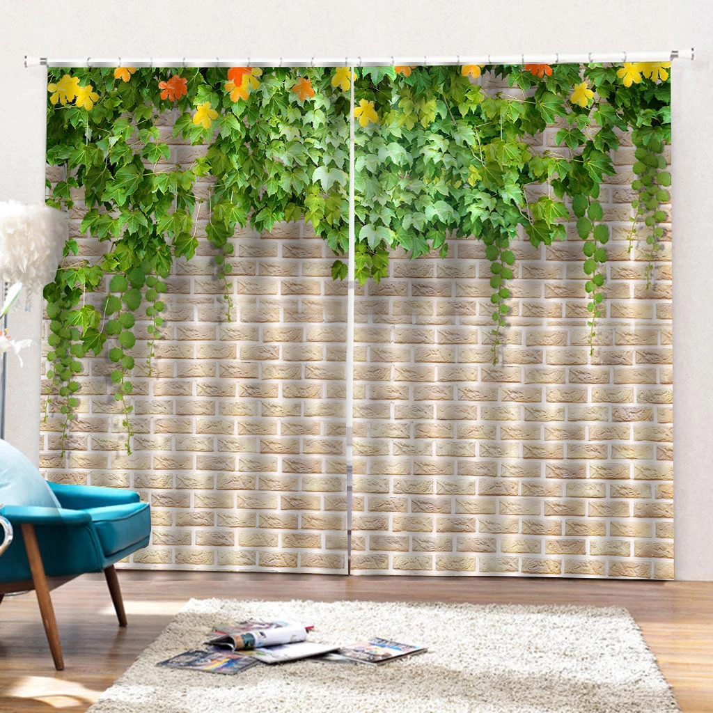 Весенние занавески с зеленой травой листьями кирпичной стеной окнами для