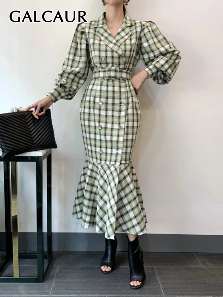 

GALCAUR Vintage Gingham Colorblock Dress For Women Notched Collar Puff Sleeve High Waist Midi Dresses Female Korean Fashion 2021