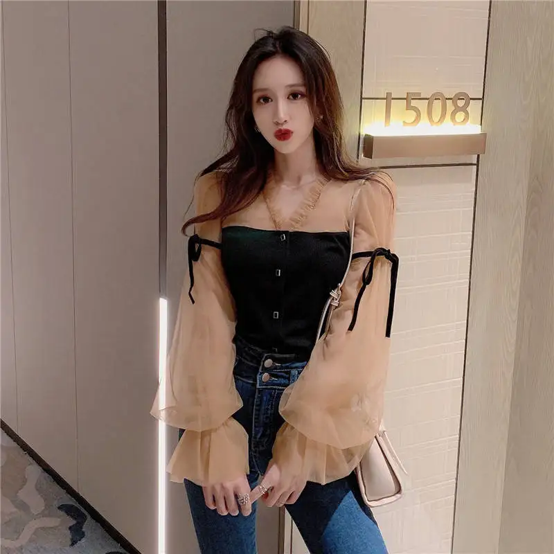 

Mesh Patchwork Velour Blouse Puff Long Sleeve V-neck Women Tops Vintage 2020 New Lace Up Slim Waist Blusas Shirt G1278