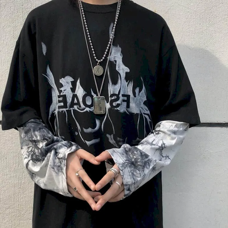 

Футболка с длинным рукавом для мужчин и женщин, осень 2022, двойка-обманка с темными линиями, имитация окрашивания, корейский стиль, свободный ...