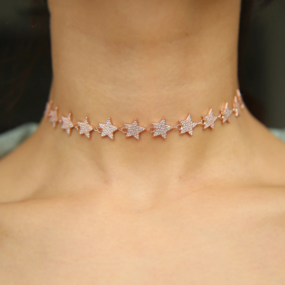 2021 Top Sell Gold Color AAA Cz Micro Pave Zircon Star Choker Chain Christmas Gift Necklaces & Sparkling Stars For Women | Украшения и