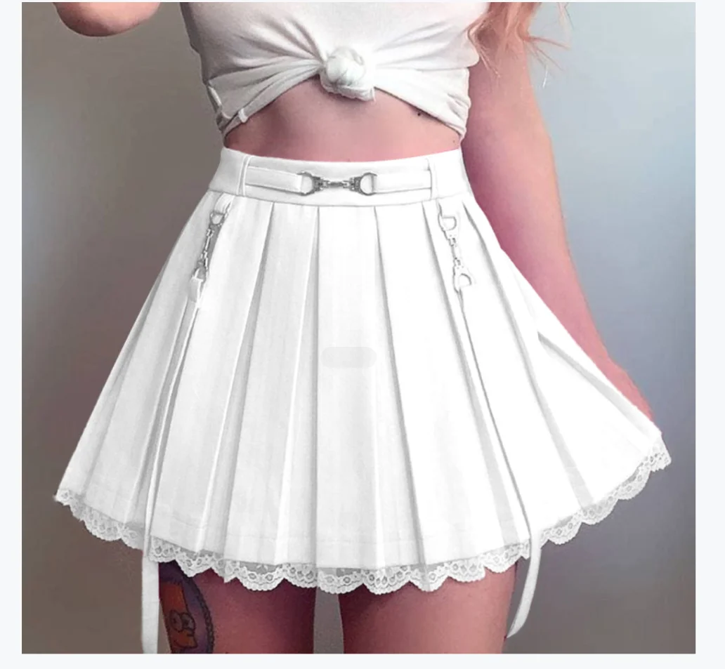 

2021 Spring New Fashion Women Mini Pleated Skirt Punk Style High Waist Solid Color Lace Trim Loose Mini Skirts with Clasp Straps