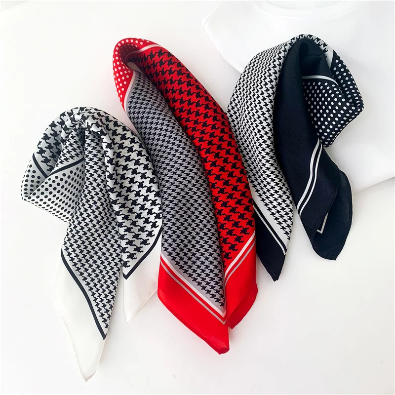 

2021 Natural Silk Scarf Small Women Neck Hairband Smooth Foulard Female Bandana Square Kerchief Spring Plaid Scarves