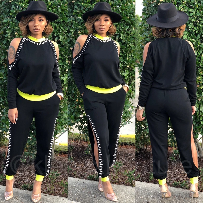 

Adogirl Pearls Accent Women Casual Two Piece Set Cold Shoulder Long Sleeve Sweatshirts Top Split Pencil Pants Fashion Tracksuit