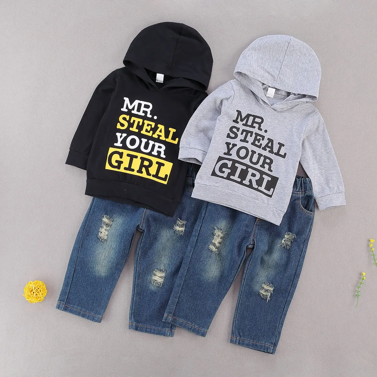 Fall Winter Newborn Kids Baby Boys Tracksuits Sets Letter Long Sleeve Hoodies+Holes Denim Pants Fashion Outfits 0-3Years |