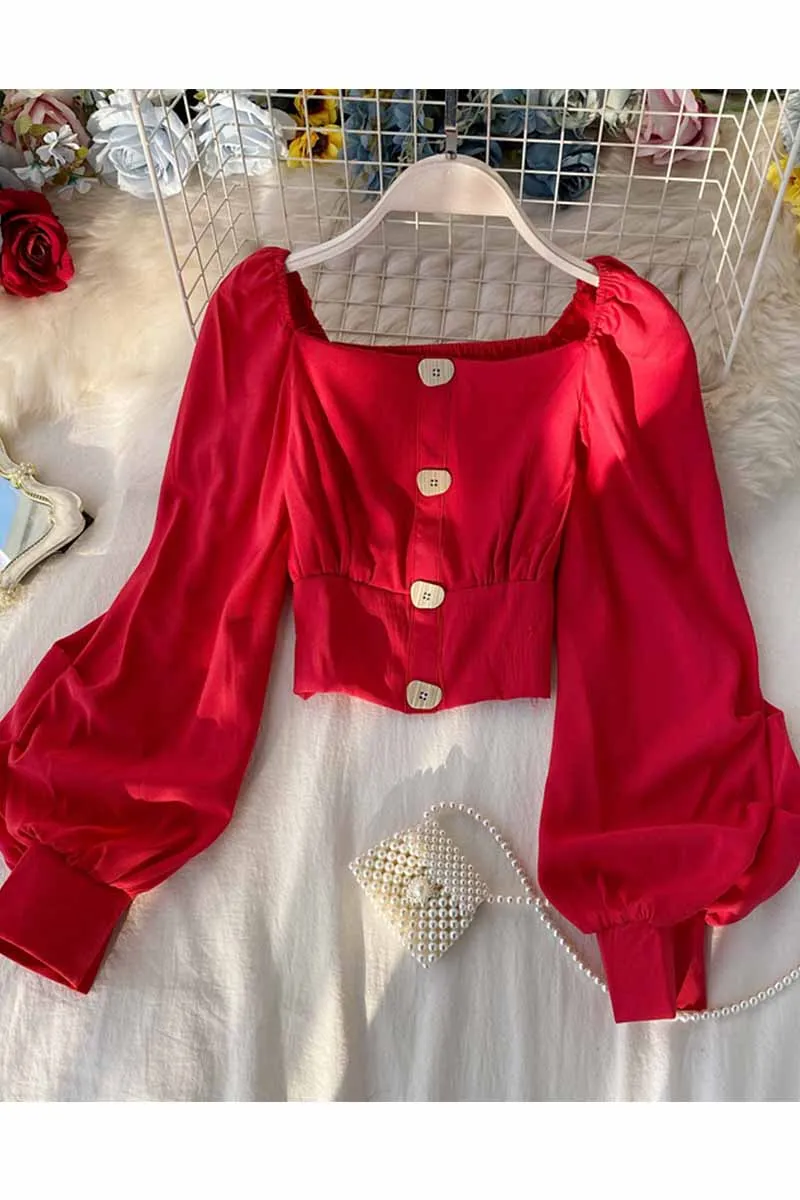 

2020 Women's Spring and Autumn New Retro Square Collar Short Lantern Sleeve Top