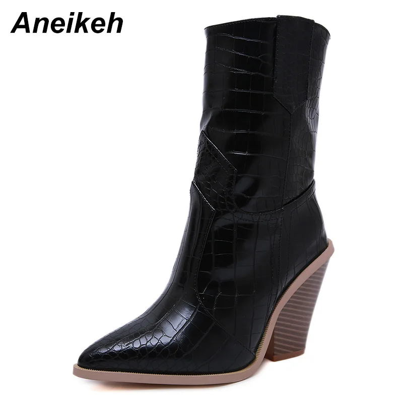 Black Aneikeh/женские ботильоны с острым носком; сезон осень-зима; ковбойские ботинки в западном стиле женские ботинки на танкетке и высоком каблуке цвет белый, черный; Размеры 35-41 - Цвет: Black