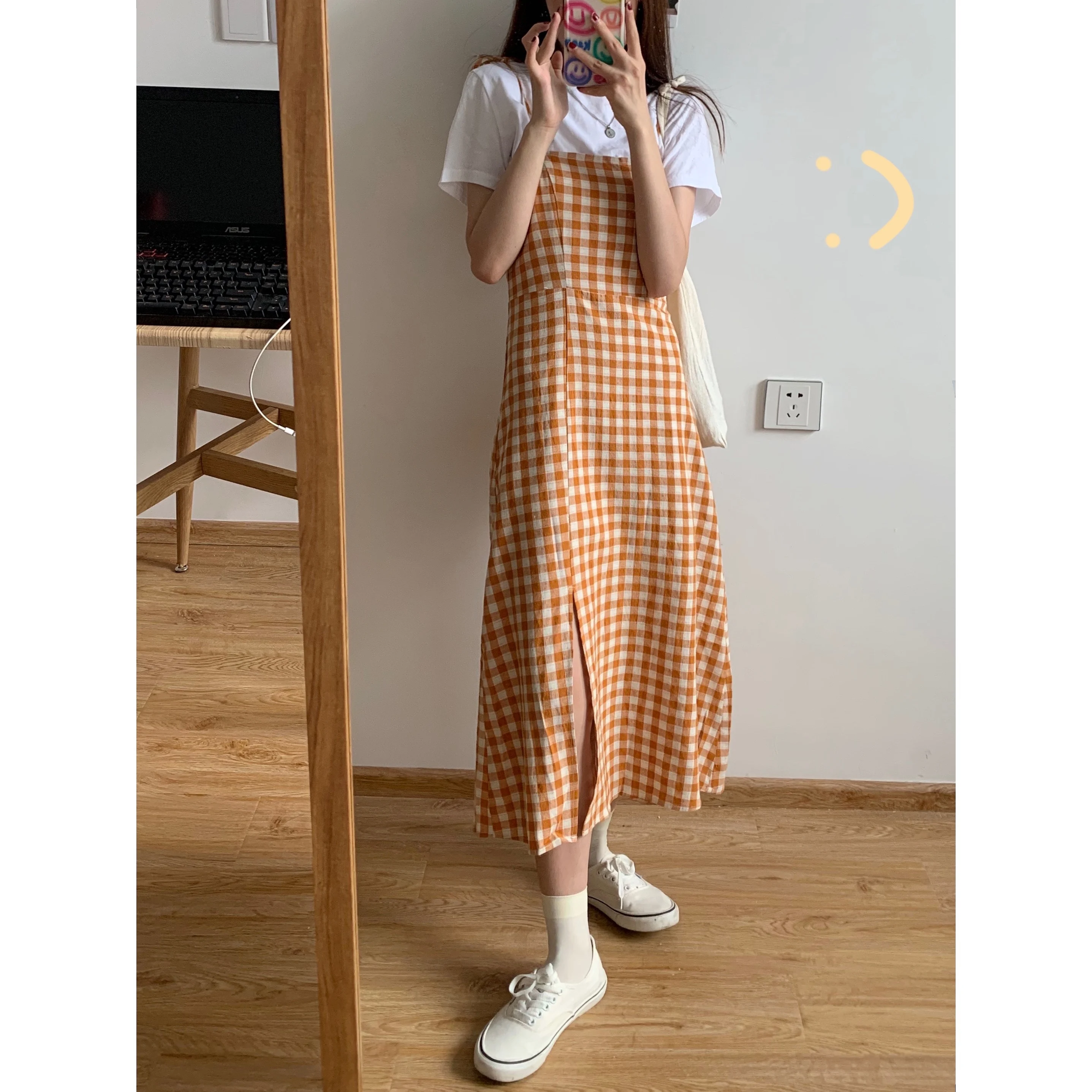 

College Style Small-Sized Plaid Orange Short Sleeve Suspenders Dress Fairy Lady Super Fairy Mori Style Design Sense Niche