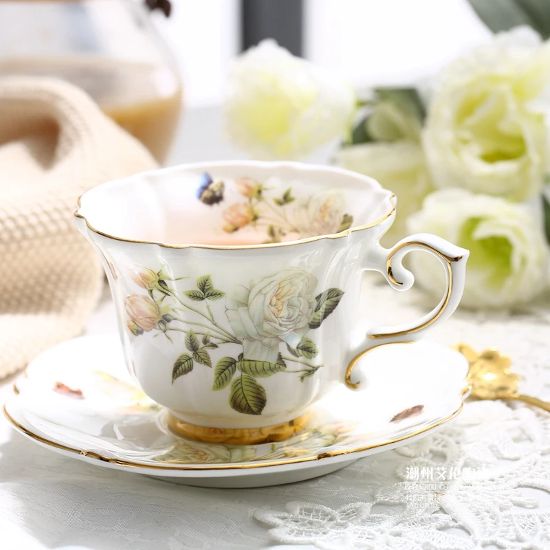 

Garden high grade white rose princess cup Bone China Flower Tea Cup European Coffee Cup English afternoon tea cup dish