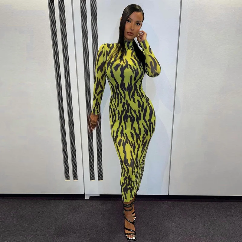 Женское облегающее платье с принтом тигра прозрачное Сетчатое миди длинным