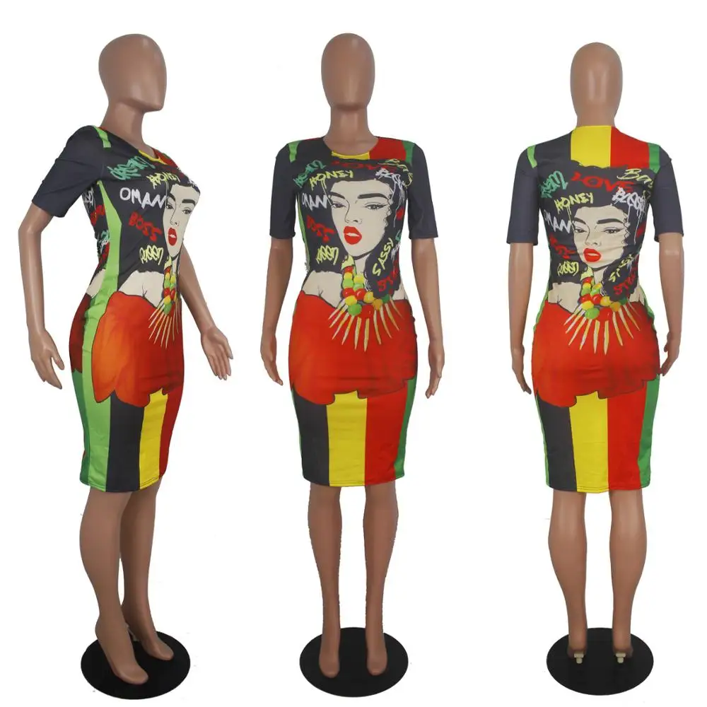 

European summer fashion head print long skirt casual fit o-neck Short Sleeve Dress