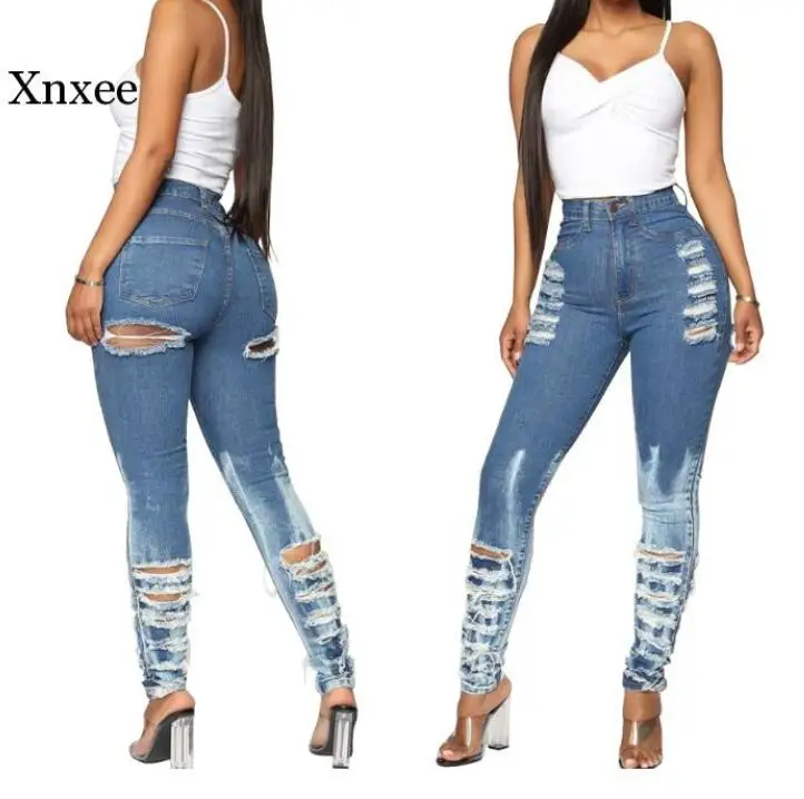 Джинсы женские стрейчевые с вырезами спереди и сзади высокой талией | Женская
