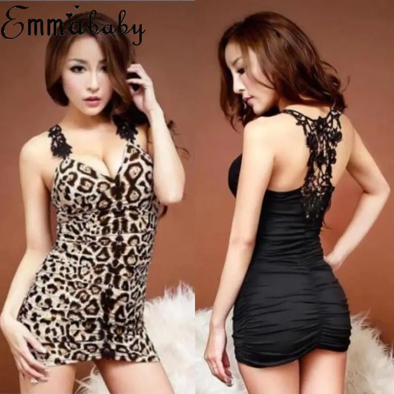 

Brand New Women Leopard&Solid Lace Sexy Lingerie +G-String Deep V-neck Slim Underwear Lingerie Erotic Babydoll Mini Dress