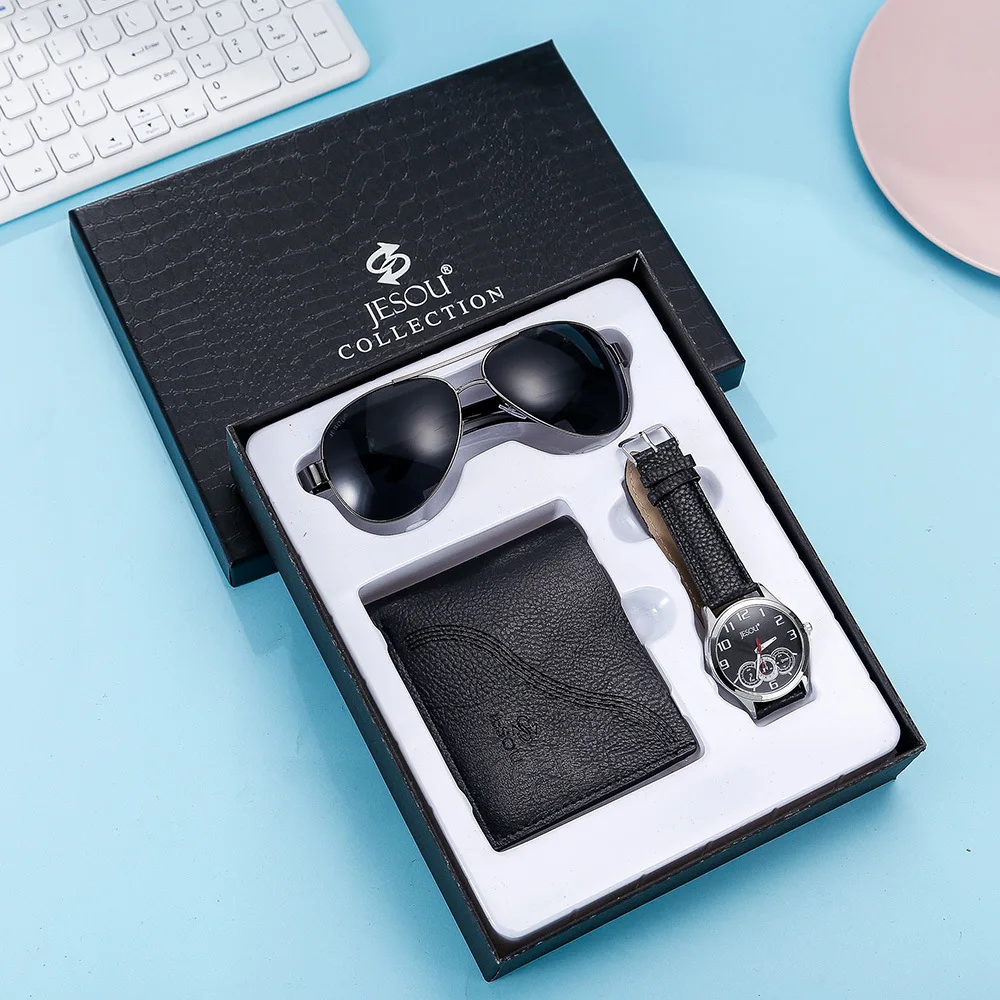 

3 PCS/Set Boutique Gift Set Wallet + Large Dial Quartz Watch + Glasses Quality Packaging Quality