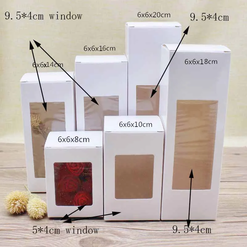 Caja de papel Kraft con ventana de Pvc para embalaje de juguetes, jabones, galletas, regalo, bricolaje, tama&ntilde;o m&uacute;ltiple de 50 piezas-2