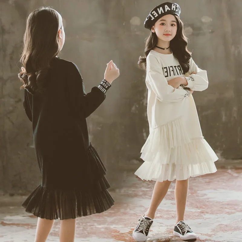 

New Arrive Long Kids Dresses Teenage Girl Dress Children Clothing Spring Autumn Black Beige Wedding Party Dress Plus Size